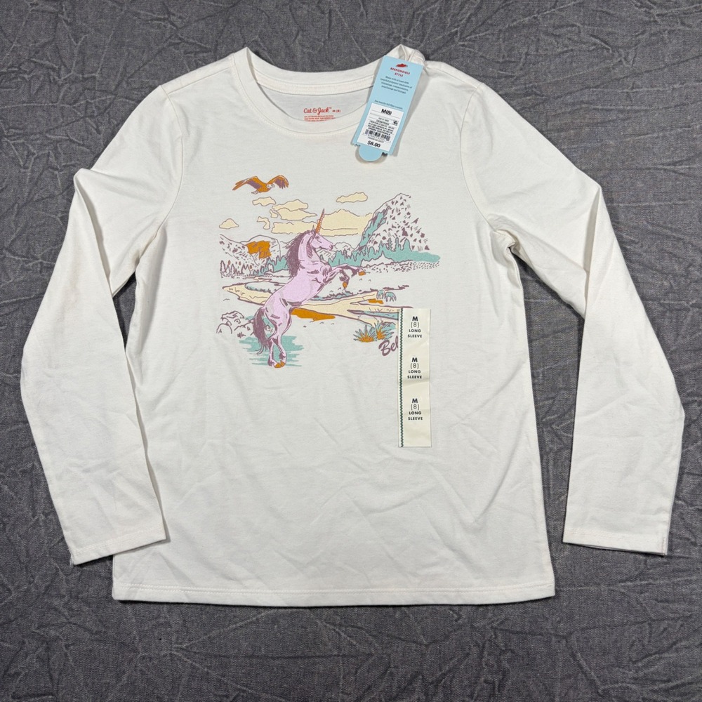 Cat & Jack Shirt Girls M 8 Cream Unicorn Graphic Tee Long Sleeve Cotton Blend